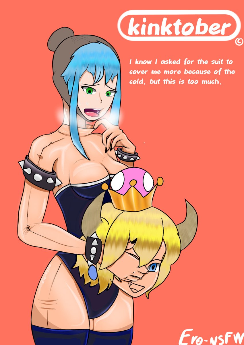 blue_hair bowsette bowsette_(cosplay) eronsfw kigurumi leotard mario_(series) nintendo oc rin(oc) skinsuit skinsuit_bodysuit steaming_body sweating thigh_socks thighhighs