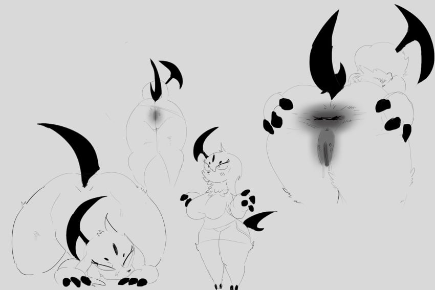 2018 2_toes absol all_fours anthro anthrofied anus ass ass_up big_breasts big_butt big_thighs biped black_claws black_tail blush breasts bun_snn butt_focus canine chest_tuft claws clothing eyelashes fangs female front_view frown fur grey_anus grey_background grey_pussy greyscale hair hi_res holding_butt long_hair looking_away mammal monochrome multiple_poses nintendo no_underwear nude pokémon_(species) pokemon pokemon_(species) pokemorph pose presenting presenting_hindquarters pubes pussy pussy_juice pussy_juice_drip rear_view shirt shortstack simple_background skirt slit_pupils solo spikes spread_anus spread_ass spreading standing toe_claws toes tuft upskirt video_games voluptuous wide_hips