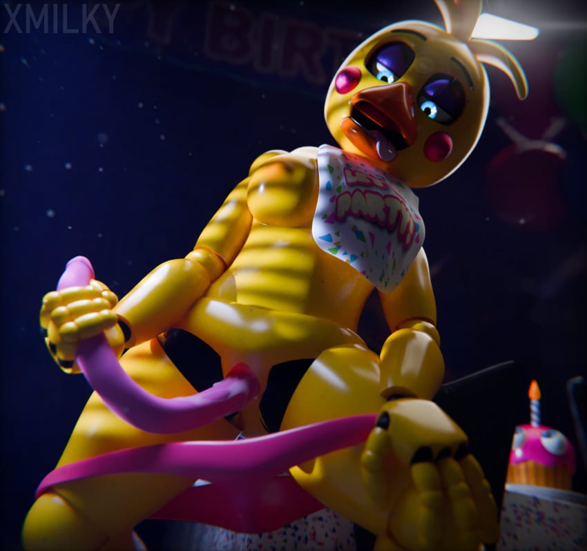 1girls 3d animatronic beak blue_eyes breasts dildo dildo_in_pussy dildo_penetration five_nights_at_freddy&#039;s five_nights_at_freddy&#039;s_2 medium_breasts nipples panties panties_down pink_panties pussy sharp_teeth solo solo_female tongue tongue_out toy_chica_(fnaf) vagina x3milky yellow_body