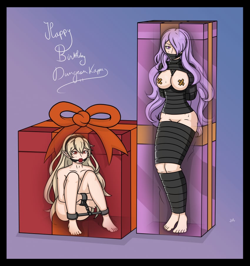 2girl 2girls ankle_cuffs arms_behind_back ball_gag blonde_hair bondage bound bound_legs bound_wrists bow box chains covered_nipples duct_tape elf_ears female female_only femsub gag gagged improvised_gag in_box in_container long_hair minimedjed package pointy_ears present purple_eyes purple_hair red_ball_gag red_eyes shake_lines sitting spreader_bar standing steel_bondage tape_bondage text tremble_lines x-ray