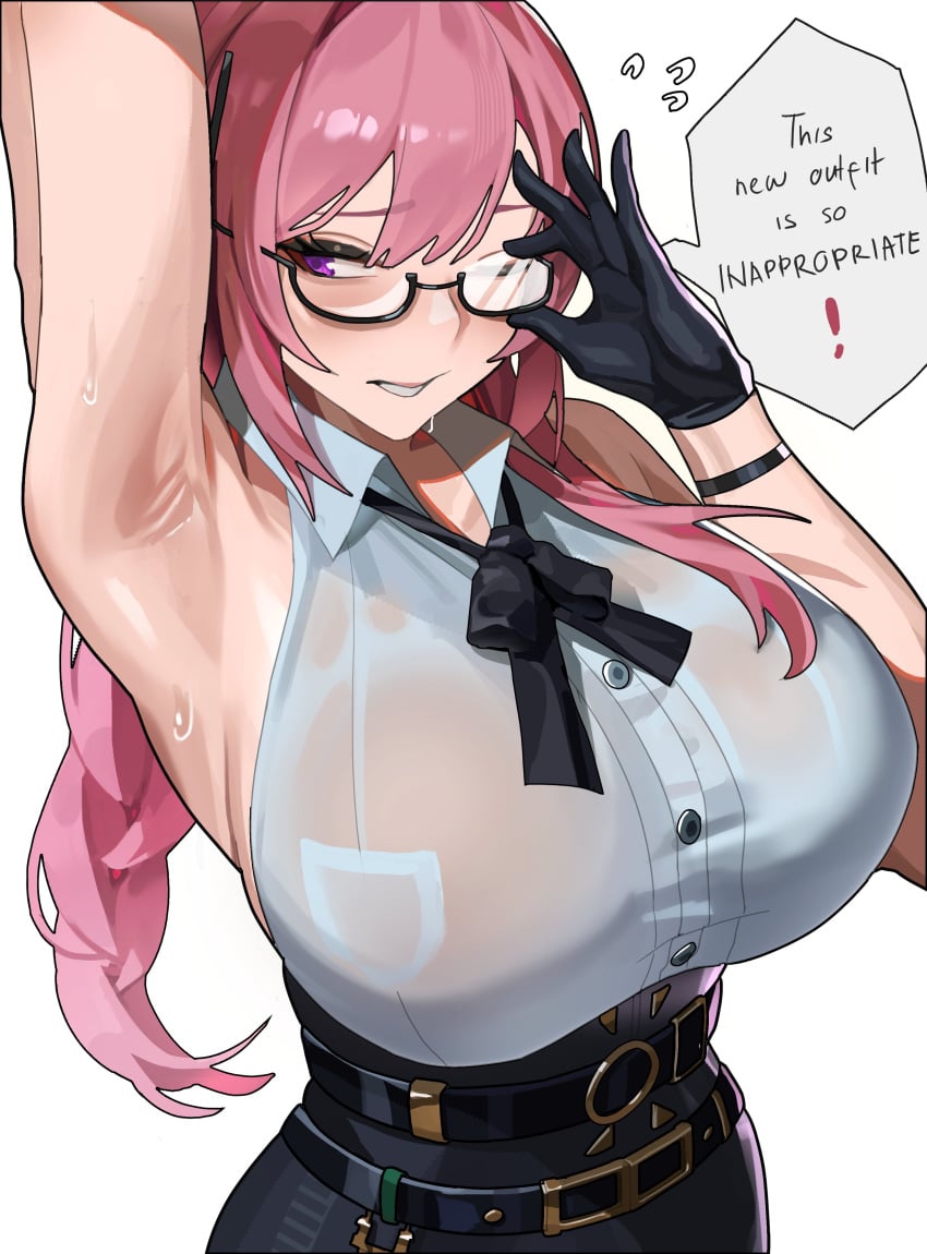 1girls absurdres armpits ass big_ass big_breasts big_thighs blush breasts butt center_opening cleavage closed_eyes dialogue female female_focus female_only gigantic_breasts glasses hair_between_eyes highres huge_breasts large_breasts long_hair out_of_frame pink_hair shikube shirt sidelocks simple_background solo_focus sweat sweatdrop sweating tagme text thick_hips thick_thighs thighs trembling tsukishiro_yanagi wet wet_body white_background white_shirt zenless_zone_zero