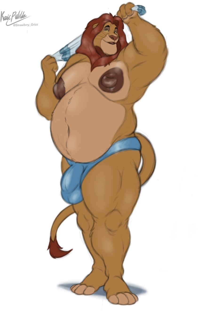 1boy 2024 anthro areola artist_name artist_signature big_areola big_belly big_nipples bulge clothed clothing detailed_bulge dilf disney felid fur half-closed_eyes hi_res holding_object holding_towel kaiipwilde lion looking_at_viewer male mammal mufasa musclegut muscles muscular muscular_anthro muscular_male narrowed_eyes navel overweight overweight_anthro overweight_male pantherine plain_background red_hair red_nose signature simple_background slightly_chubby slightly_chubby_anthro slightly_chubby_male solo solo_anthro solo_focus solo_male speedo speedo_only standing swimwear tail tail_tuft the_lion_king topless towel tuft whiskers white_background yellow_sclera