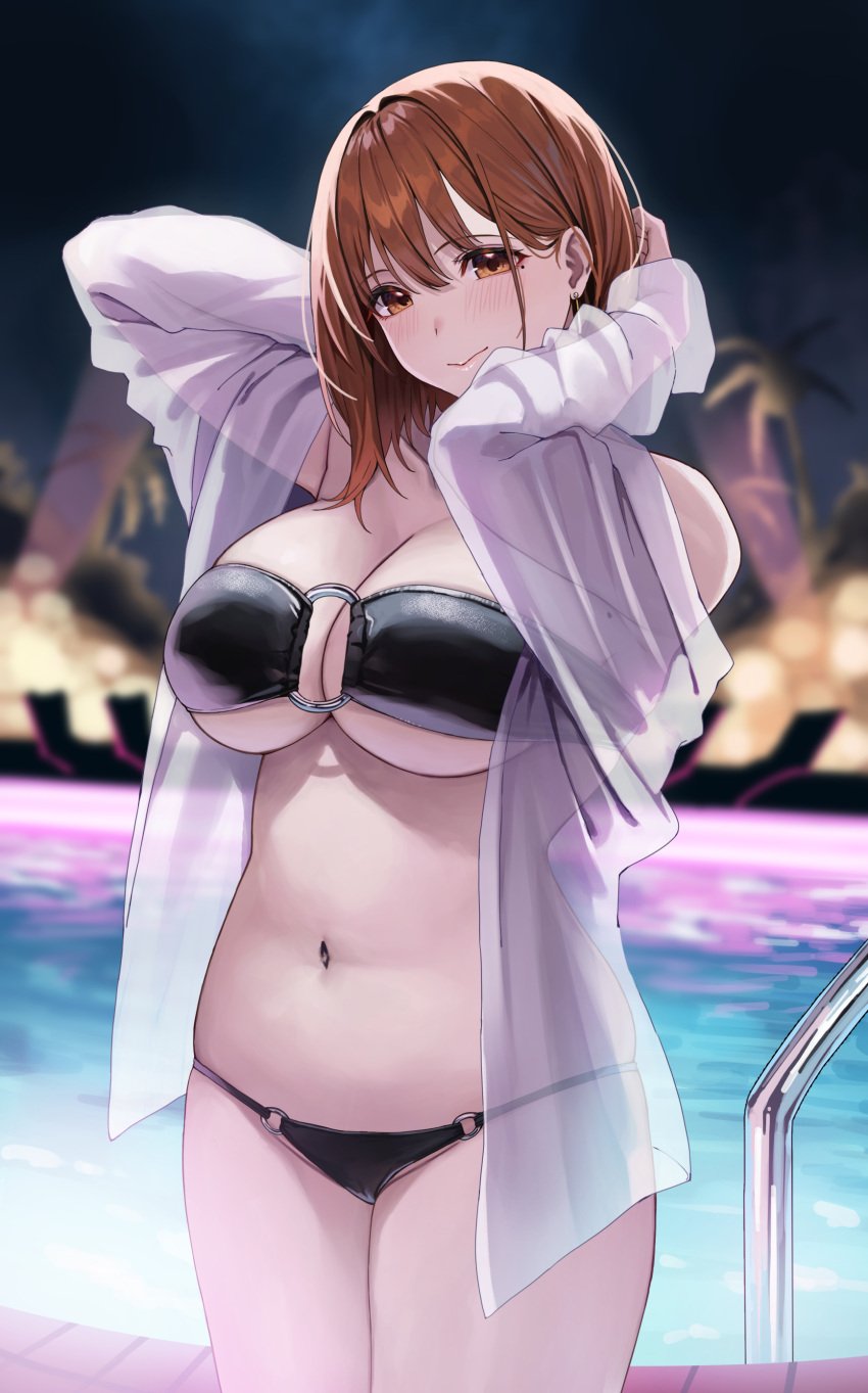 1girls absurd_res arms_up big_breasts bikini black_bikini blurry blurry_background blush breasts brown_eyes brown_hair closed_mouth cowboy_shot earrings hi_res jewelry long_sleeves looking_at_viewer medium_hair mole mole_under_eye navel night o-ring o-ring_bikini ol-chan_(udon) original pool see-through_clothes smile solo stomach swimsuit thighs udon_(udonalium) underboob water