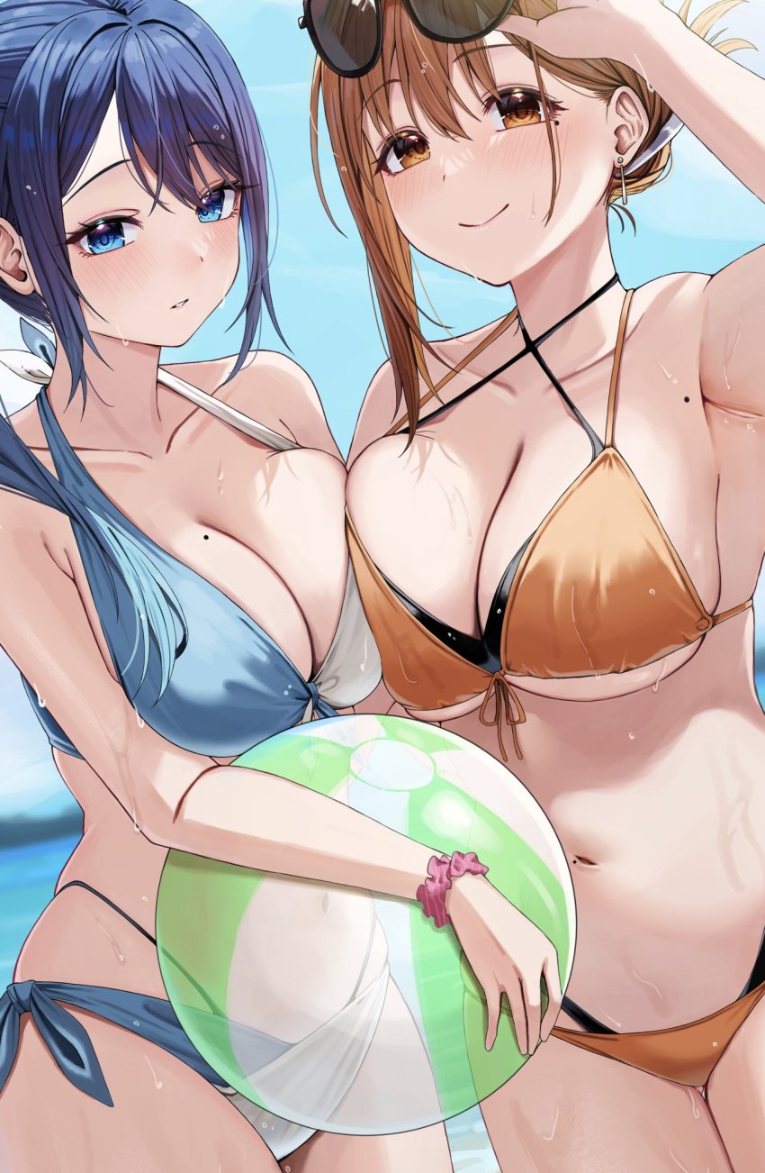 2girls asymmetrical_docking ball beachball big_breasts bikini blue_bikini blue_eyes blue_hair blue_sky blush breast_press breasts brown_eyes brown_hair cleavage closed_mouth earrings eyewear_on_head hi_res holding holding_ball jewelry kouhai-chan_(udon) looking_at_viewer multiple_girls navel official_art ol-chan_(udon) orange_bikini original parted_lips scrunchie sky smile stomach strap_gap swimsuit udon_(udonalium) wet wrist_scrunchie