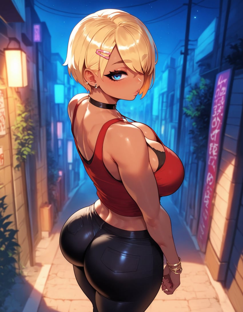 1girls agatha_(xandr) ai_generated artstyle_imitation ass big_ass big_breasts black_pants blonde_female blonde_hair blue_eyes bob_cut choker earrings emotionless eyelashes eyeshadow gyaru hair_covering_eye hair_over_one_eye huge_ass huge_breasts makeup prostitute prostitution red_tank_top seductive short_hair slut tank_top tanned tanned_female tanned_skin thiccwithaq_(ai_style) thick thick_ass thick_legs thick_lips thick_thighs tight_pants voluptuous voluptuous_female whore xandr young younger_female