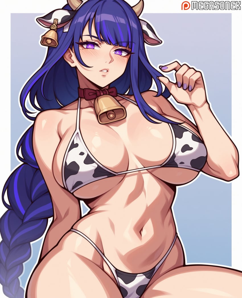 1girls ai_generated animal_ears animal_print bangs bell bikini blush braid braided_ponytail breasts cow_ears cow_horns cow_print cowbell female genshin_impact hair_ornament horns hoyoverse large_breasts long_hair looking_at_viewer megasonek mihoyo mole mole_under_eye navel neck_bell parted_lips patreon_username purple_eyes purple_hair purple_nails raiden_shogun solo solo_female swimsuit watermark