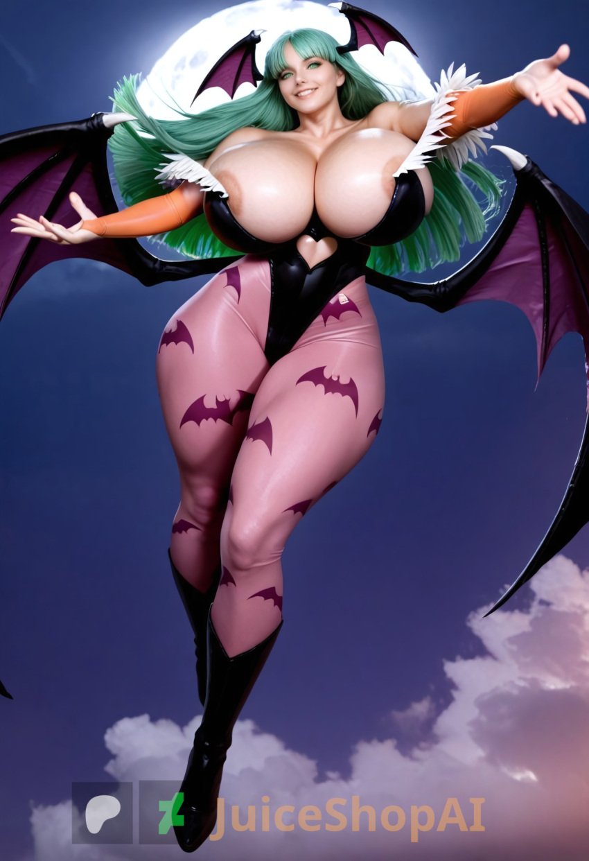 ai_generated animal_print areola_slip bare_shoulders bat_print bat_wings black_leotard boots breasts bridal_gauntlets cleavage curvy darkstalkers demon_girl female full_moon green_eyes green_hair head_wings heart_cutout huge_breasts juiceshopai leotard long_hair looking_at_viewer low_wings moon morrigan_aensland night nipple_slip nipples outstretched_arms pantyhose print_legwear purple_wings sky smile solo succubus thick_thighs thighs wings