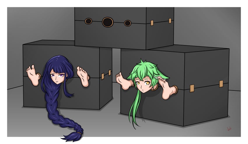 barefoot blue_hair bondage bound box female female_only femsub genshin_impact green_hair in_box in_container minimedjed png purple_eyes raiden_shogun sucrose_(genshin_impact) yellow_eyes