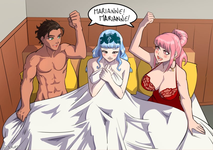 1boy 1boy2girls 2girls bed bedroom big_breasts blue_hair blush blush_lines braid brown_eyes brown_hair cheering claude_von_riegan dekura earrings fire_emblem fire_emblem:_three_houses fire_emblem_warriors:_three_hopes green_eyes hair_bun hilda_valentine_goneril huge_breasts interracial lingerie lingerie_only long_hair marianne_von_edmund muscular muscular_male nude nude_female nude_male pillow pink_eyes sheets short_hair shy text text_bubble threesome