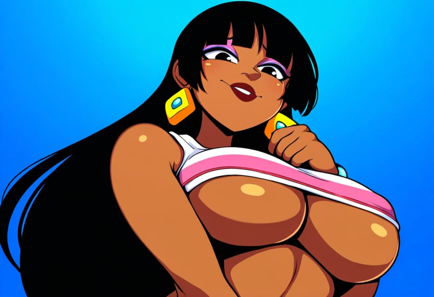 1girls ai_generated big_breasts black_hair chel chel_(the_road_to_el_dorado) dark-skinned_female dark_skin female from_below large_breasts mayan mullon novelai the_road_to_el_dorado underboob