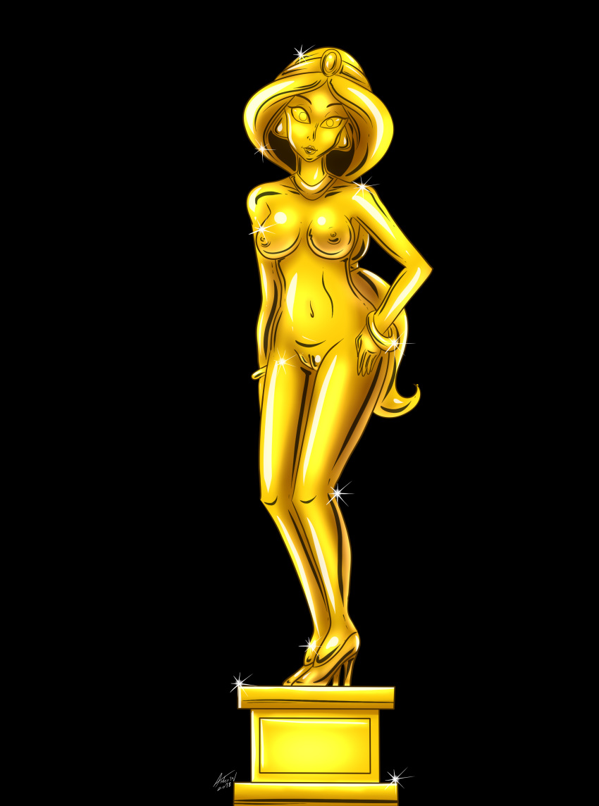 aladdin andersonicth areolae big_breasts breasts disney disney_princess female gold gold_statue nipples nude princess_jasmine pussy solo statue transformation