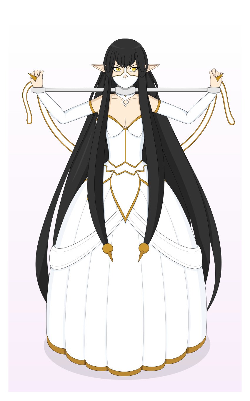 black_hair bondage bound cleavage female female_only femsub fully_clothed gag gagged minimedjed png pointy_ears steel_bondage wedding_dress yellow_eyes yoke yoke_(restraint)