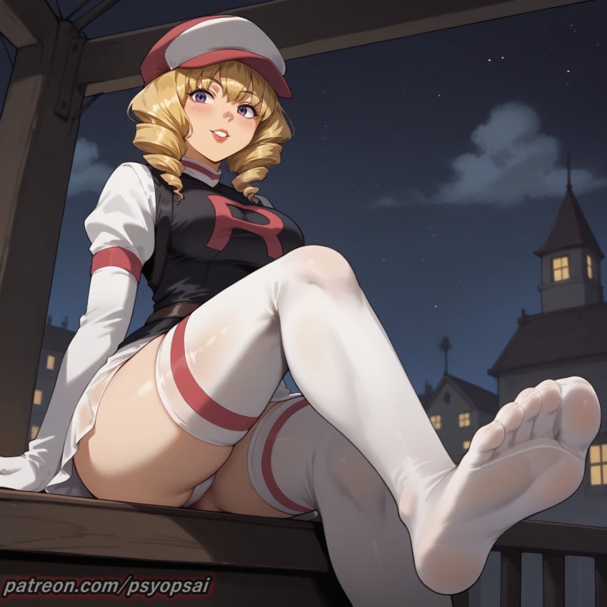 1girls ai_generated artist_name blonde_female blonde_hair cameltoe colored digital_media_(artwork) domino_(pokemon) female female_focus female_only fit_female foot_fetish foot_focus footwear from_below front_view hat pokemon psyopsai soles solo solo_focus stockings team_rocket thighhighs thighs tight_clothing tight_fit toes twintails upskirt watermark