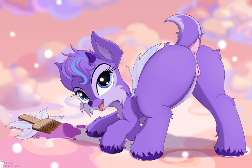 anatomically_correct ass ass_up blue_eyes brush cloud cloven_hooves deer dock_(anatomy) faerie_neopet female feral fur genitals head_tuft hi_res hooves horn ixi_(neopets) mammal neopet_(species) neopets paintbrush porcelon presenting purple_body purple_fur pussy raised_tail short_tail smile smiling_at_viewer solo tail tongue tongue_out tuft wings