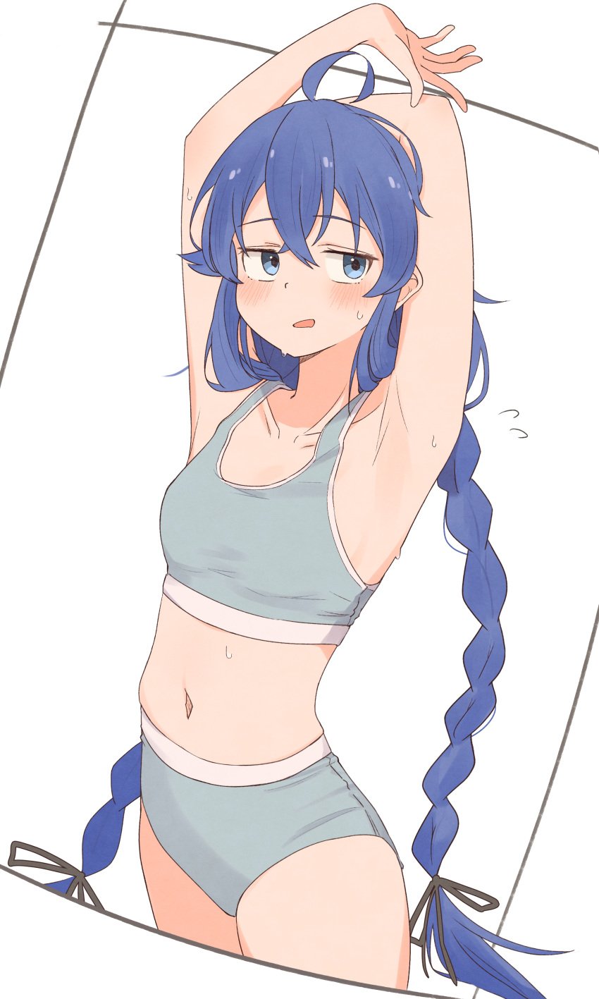 ahoge armpits arms_up bare_arms bare_belly bare_legs bare_thighs belly_button blue_eyes blue_hair blush breasts collarbone grey_sports_bra long_hair mushoku_tensei parted_lips root_(1732050807point) roxy_migurdia small_breasts sports_bra sweatdrop thighs twin_braids underwear