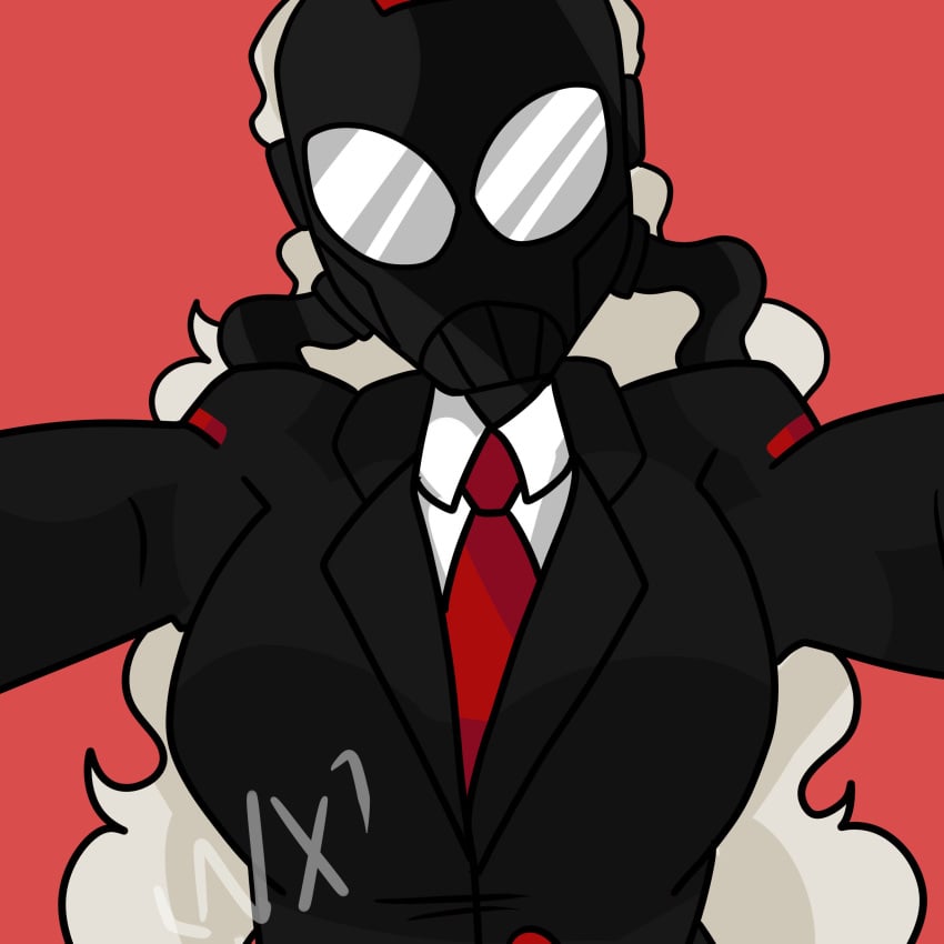 black_gas_mask chaos_director_(fortnite) enxtzu fortnite fortnite:_battle_royale gas_mask hugging_viewer red_tie sfw suit suit_and_tie white_hair