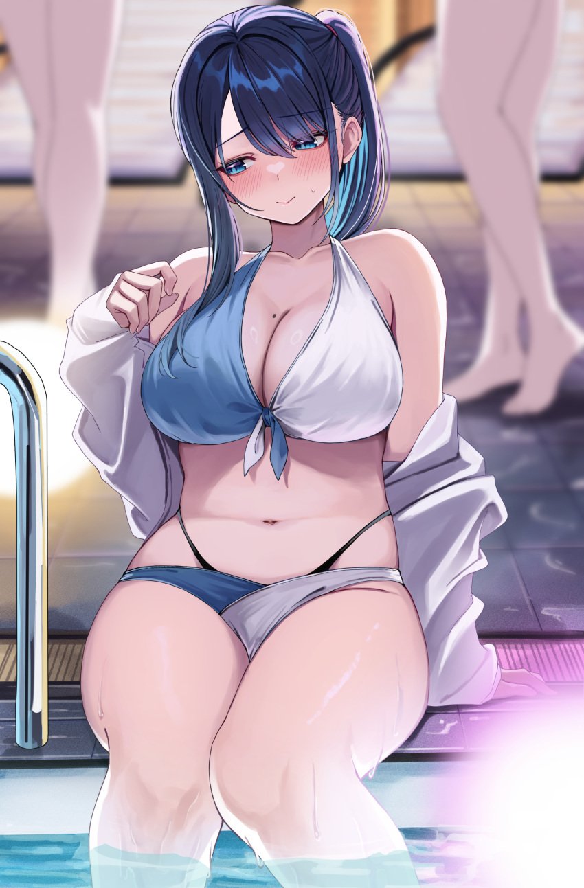 1girls absurd_res big_breasts bikini blue_bikini blue_eyes blue_hair blurry blurry_background blush breasts hi_res jacket kouhai-chan_(udon) navel original side_ponytail sitting solo_focus swimsuit two-tone_bikini udon_(udonalium) white_bikini white_jacket