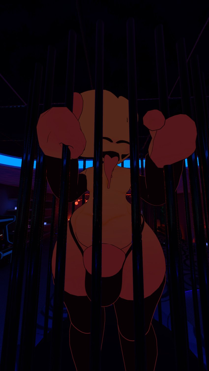 chubby_male in_cage looking_at_viewer panties penis_shaped_bulge ready_to_fuck scp-999 scp_foundation thick_thighs tongue_out vrchat vrchat_avatar