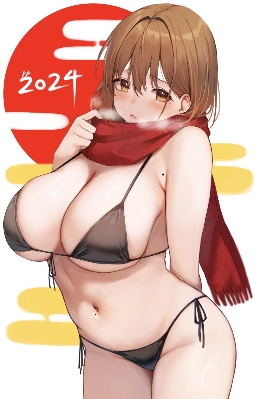 1girls 2024 big_breasts bikini black_bikini blush breasts brown_eyes brown_hair cleavage cowboy_shot egasumi front-tie_bikini_top front-tie_top hair_intakes heavy_breathing hi_res looking_at_viewer mature_female mole mole_on_armpit mole_on_stomach navel ol-chan_(udon) open_mouth original plump red_scarf scarf short_hair side-tie_bikini_bottom simple_background solo stomach swimsuit udon_(udonalium) white_background