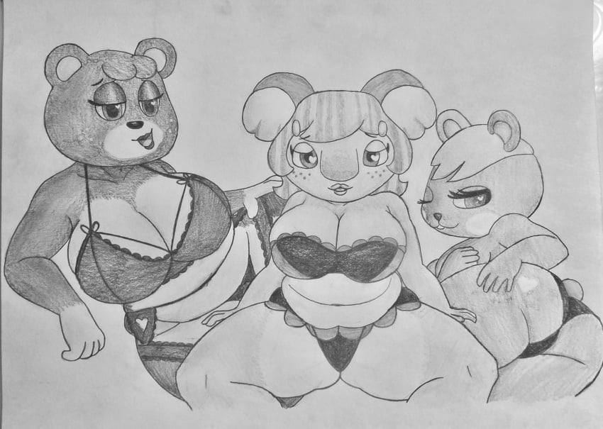 3girls alice_(animal_crossing) animal_crossing anthro artstyle_imitation ass bear black_and_white breasts chubby chubby_anthro chubby_belly chubby_female female female_focus female_only furry furry_female furry_only hamster heart-shaped_pupils hivequeenvespa_(artist) koala lingerie lingerie_bra lingerie_panties looking_at_viewer megan_(animal_crossing) nintendo soleil_(animal_crossing) symbol-shaped_pupils traditional_art traditional_drawing_(artwork) traditional_media traditional_media_(artwork) wink winking winking_at_viewer