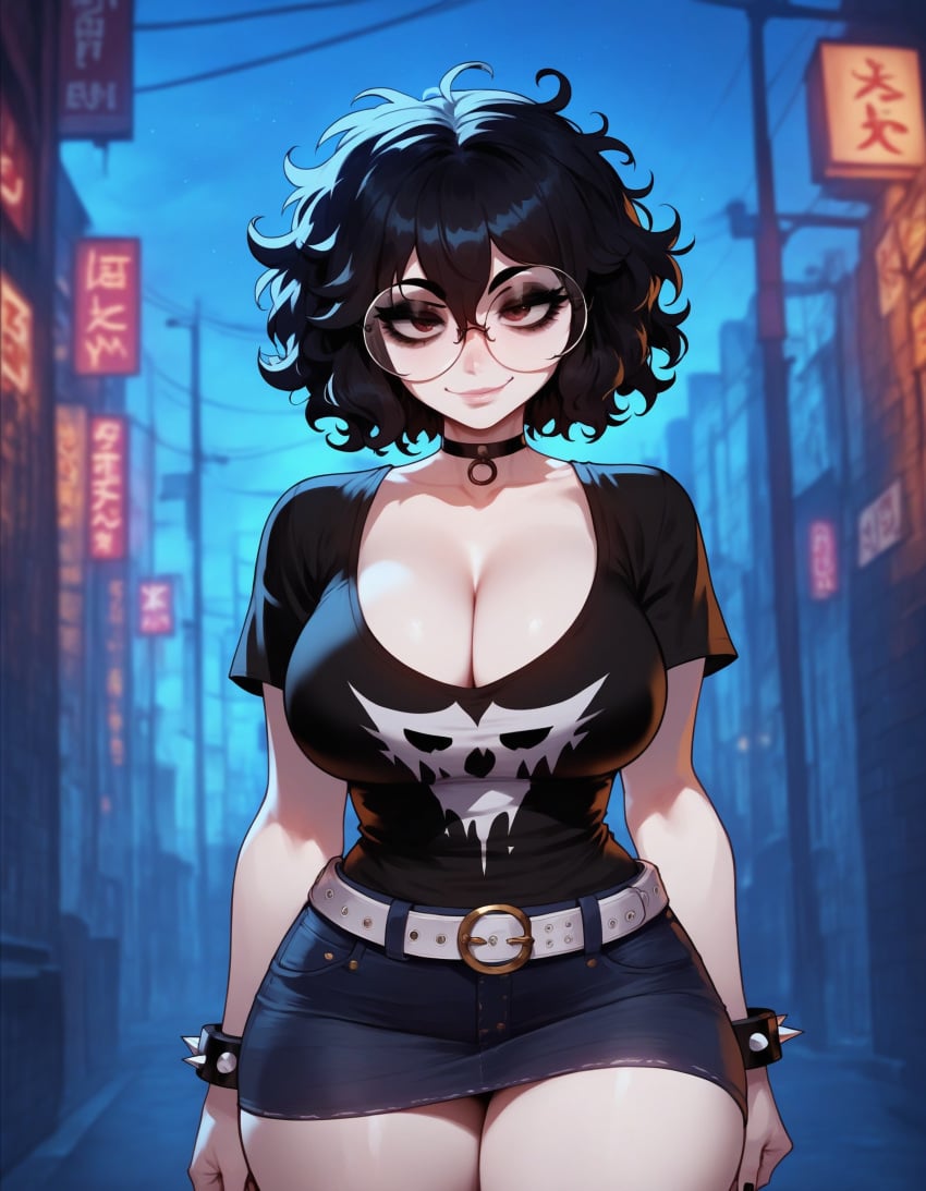 1girls ai_generated artstyle_imitation ass big_breasts black_hair breasts brown_eyes choker eyelashes eyeshadow glasses goth goth_girl gothic huge_breasts light-skinned_female messy messy_hair naughty naughty_face nerd night night_sky olie pale-skinned_female round_glasses short_hair solo_female solo_focus thiccwithaq_(ai_style) thick_ass thick_legs thick_lips thick_thighs thighs wavy_hair xandr