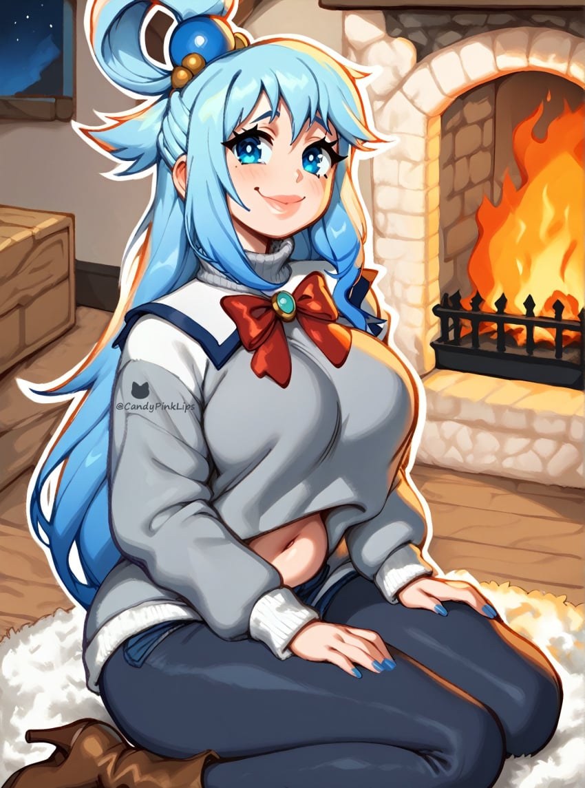 ai_generated aqua_(konosuba) belly_button black_leggings blue_eyes blue_hair blue_nail_polish brown_boots candypinklips chimney fire grey_carpet grey_sweater kono_subarashii_sekai_ni_shukufuku_wo! long_hair nail_polish night_sky red_bow stars sweater thick_ass thick_legs window wooden_floor