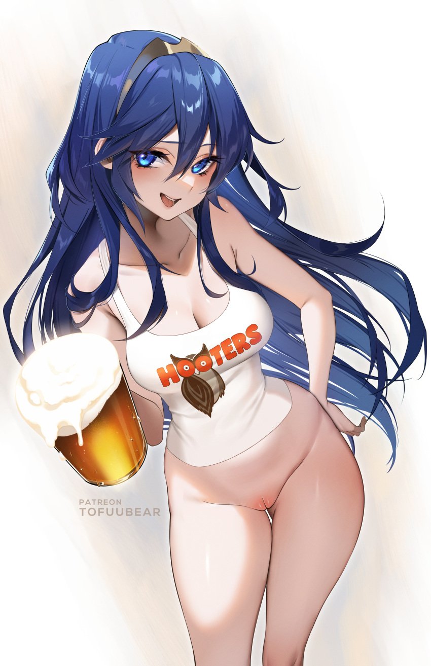 absurdres alternate_costume artist_name bare_shoulders beer_mug blue_eyes blue_hair bottomless brand_of_the_exalt breasts cleavage collarbone commentary commission cup english_commentary female fire_emblem fire_emblem_awakening hair_between_eyes highres hooters long_hair looking_at_viewer lucina_(fire_emblem) medium_breasts mug navel no_legwear open_mouth paid_reward_available patreon_username pussy sidelocks smile solo standing thighs tiara tofuubear uncensored variant_set waitress