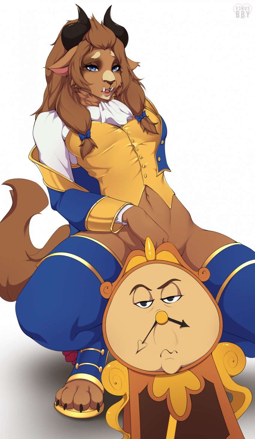 absurd_res animate_inanimate anthro beast_(disney) beauty_and_the_beast brown_body brown_fur clock clothing cogsworth convenient_censorship disney duo female finger_fuck fingering footwear fur hi_res high_heels horn legwear looking_at_viewer male male/female mammal monster rule_63 shoes stockings v3nusbby vaginal_penetration