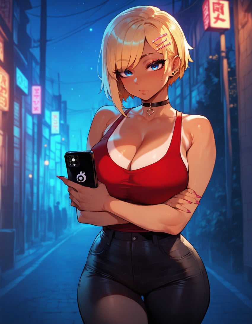 1girls agatha_(xandr) ai_generated artstyle_imitation ass big_ass big_breasts black_pants blonde_female blonde_hair blue_eyes bob_cut choker earrings emotionless eyelashes eyeshadow gyaru hair_covering_eye hair_over_one_eye huge_ass huge_breasts makeup prostitute prostitution red_tank_top seductive short_hair slut tank_top tanned tanned_female tanned_skin thiccwithaq_(ai_style) thick thick_ass thick_legs thick_lips thick_thighs tight_pants voluptuous voluptuous_female whore xandr young younger_female