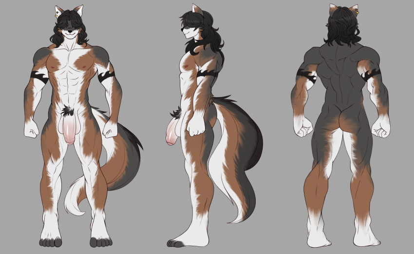 2023 absurd_res anthro balls canid canine countershading flaccid fox genitals hair hair_over_eyes hi_res humanoid_genitalia humanoid_penis island_fox kyle_driver male mammal model_sheet muscular muscular_anthro muscular_male nude penis pubes roastedchicken solo urocyon