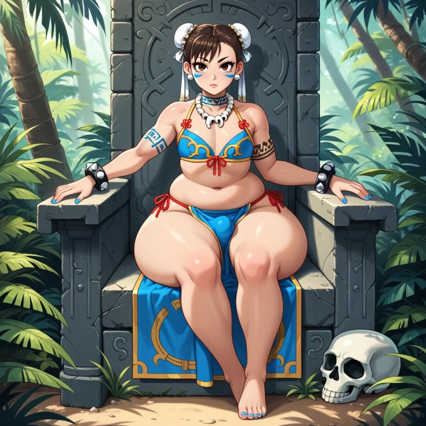 1boy ai_generated blue_nails bone_necklace bra brown_hair bulge chun-li earrings femboy girly huge_butt huge_hips jungle loincloth male necklace plump scorpyfemboy sexy.ai skull solo street_fighter thick_thighs throne tribal tribal_clothing tribal_jewelry tribal_paint tribal_tattoo wide_hips wristband