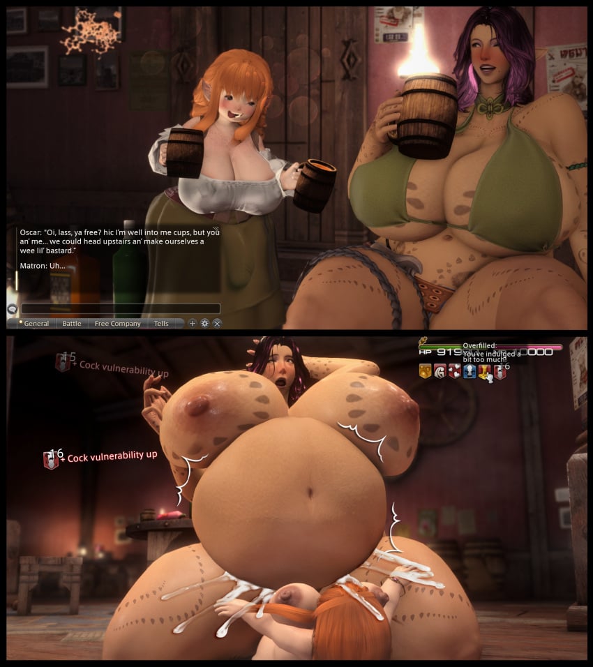 2girls 3d ahe_gao ahegao_face big_areola big_belly big_breasts big_thighs bloated bloated_belly bloated_stomach bloated_tummy body_tattoo cowgirl_position cum cum_in_pussy cum_inside cumflated cumflated_belly cumflation drunk drunk_sex elezen elf elf_ears elf_female farmgirl female_on_top ffxiv final_fantasy_xiv floor_sex futa_with_female futanari gpose(ffxiv) hyper lalafell legs_apart matrons_elf messy messy_sex overflowing_cum pointy_ears purple_hair short_shorts shortstack size_difference small_dom_big_sub spilling_out tattoo thick_legs thick_thighs