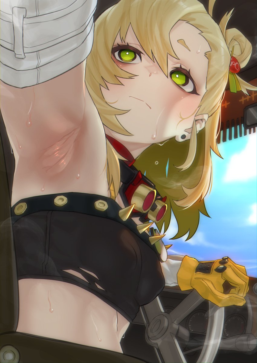 1girls armpit armpit_crease armpit_fetish armpit_focus armpit_sweat armpits blonde_hair ear_piercing earring female female_only green_eyes haishima_xv hoyoverse light-skinned_female light_skin mihoyo nipple_bulge petite petite_body petite_female piper_wheel small_breasts sweat sweating sweaty sweaty_armpits zenless_zone_zero