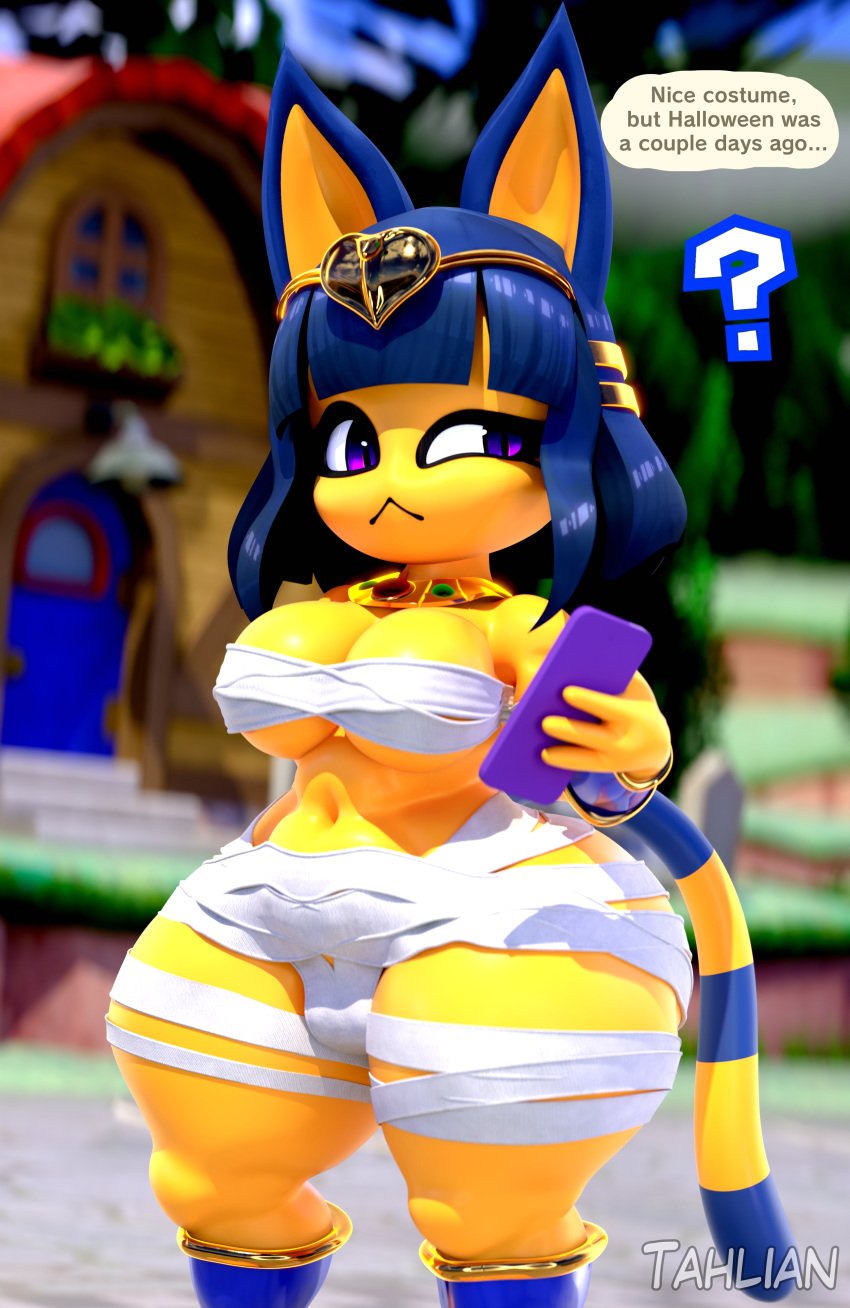 1girls 3d 3d_(artwork) animal_crossing ankha anthro blue_hair breasts cellphone confusion dialogue feline female female_only mummy_wrappings outdoors phone png question_mark shortstack solo tahlian tail text thick_thighs wide_hips wraps yellow_body