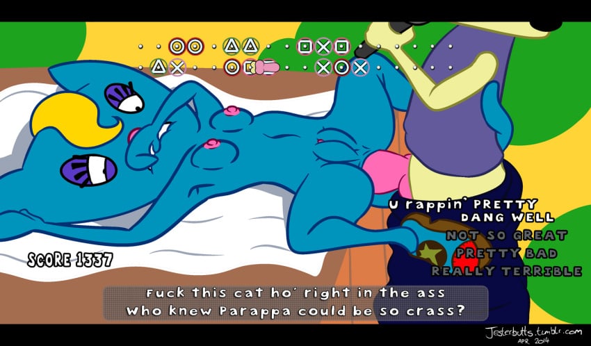 anal anal_penetration animal_genitalia animal_penis blargsnarf blonde_hair blue_fur breasts canine canine_penis duo feline female female_focus fur hair katy_kat knot male mammal parappa parappa_the_rapper penis playstation pussy solo_focus straight video_games