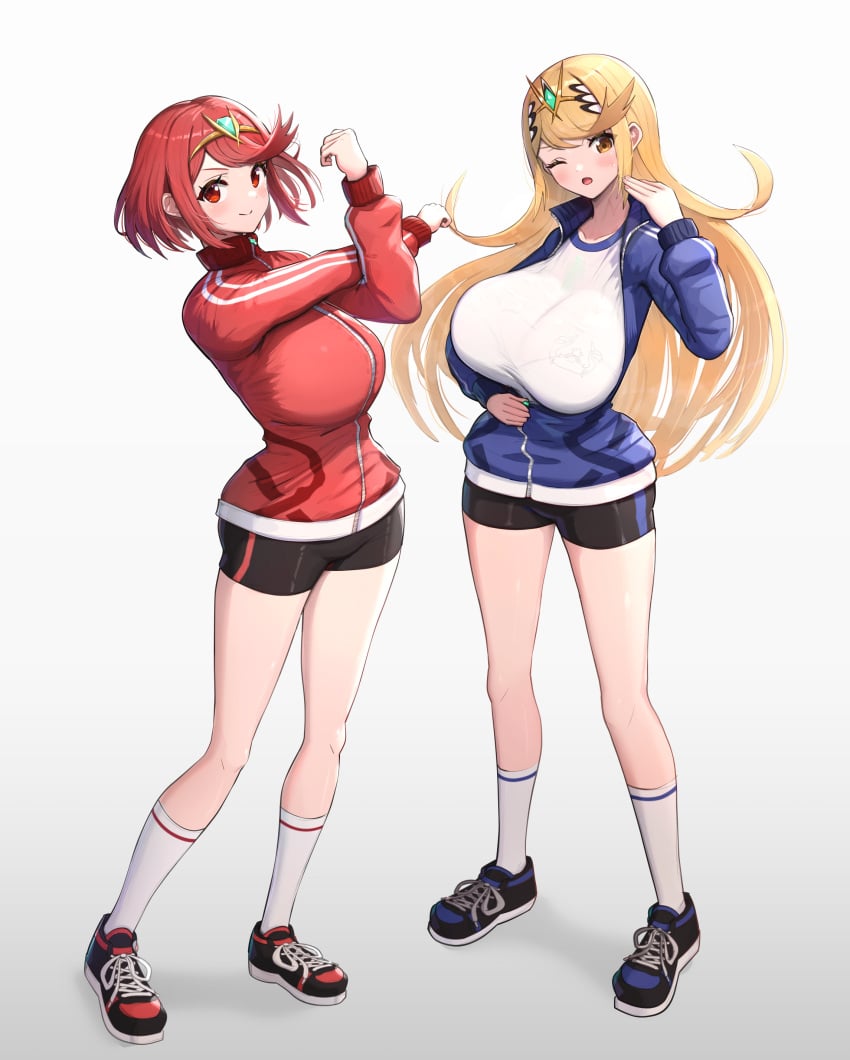 2girls blonde_female blonde_hair blonde_hair_female blush cleavage female female_focus female_only full_body gonzarez large_breasts long_hair looking_at_viewer multiple_girls mythra nintendo plain_background pyra red_clothes red_clothing red_eyes red_hair red_outfit short_hair simple_background white_background white_clothes white_clothing white_outfit xenoblade_(series) xenoblade_chronicles_2 yellow_eyes