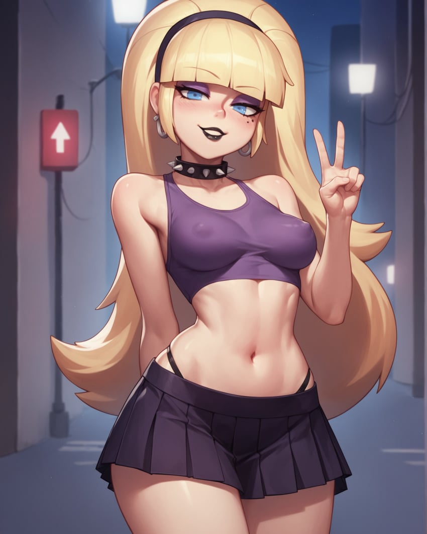 1girls aged_up ai_generated black_lipstick blonde_hair blue_eyes blunt_bangs breasts collarbone covered_nipples crop_top erect_nipples erect_nipples_under_clothes eyebrows_visible_through_hair eyeshadow female gravity_falls half-closed_eyes hand_behind_back long_hair looking_at_viewer mascara medium_breasts miniskirt navel night notreallyhere pacifica_northwest peace_sign pleated_skirt skindentation smile solo spiked_collar standing street thighs thong_straps v_sign