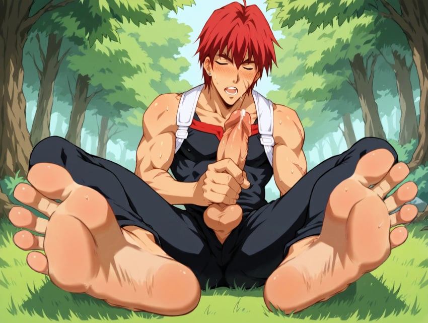 ai_generated balls erection feet gene_starwind male male_feet male_focus male_foot_fetish male_only masturbating masturbation outdoors outlaw_star outside sitting sweat sweaty woods