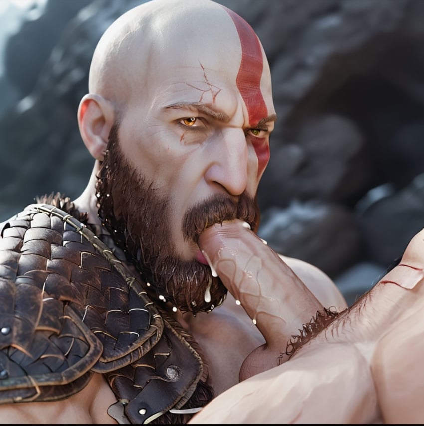 ai_generated bald beard cum cum_in_mouth cum_inside gay god_of_war intense_stare kratos looking_at_viewer male_focus male_only masculine oral oral_sex sucking_penis swallowing yaoi