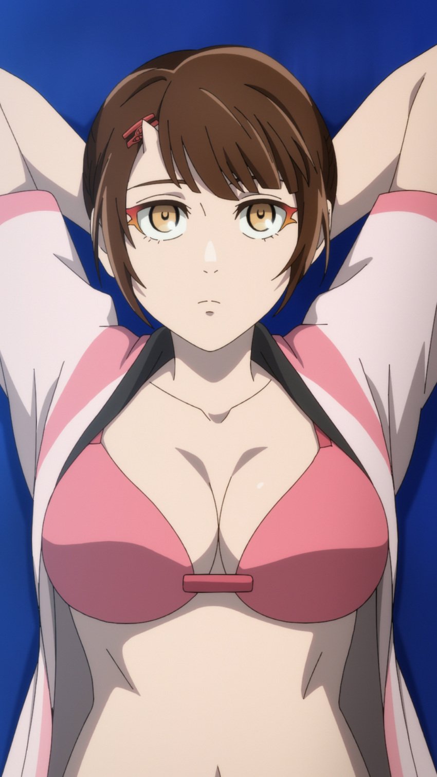 anime_screencap arms_behind_head bare_belly belly_button big_breasts bikini bikini_under_clothes breasts brown_eyes brown_hair cleavage closed_mouth collarbone endorsi_jahad eyelashes hair_ornament horn lying official_art on_bench open_shirt pink_bikini screencap short_hair tower_of_god