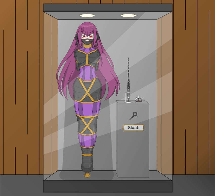 bondage bound display_case fate/grand_order fate_(series) female female_only femsub gag glass minimedjed png scathach_(fate) scathach_skadi stationary_restraints straitjacket trophy trophy_case