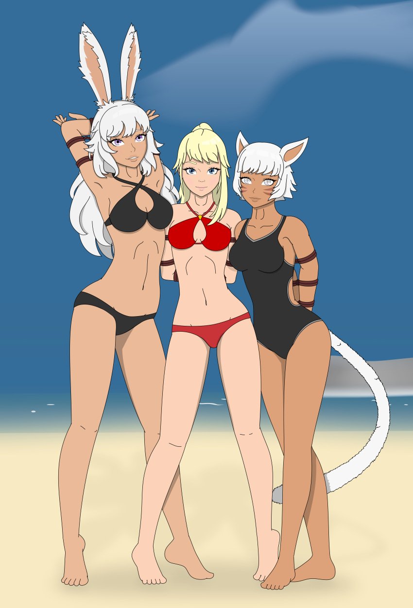 beach bikini bikini_top blonde_hair bondage bound bunny_ears cat_ears cleavage female female_only femsub final_fantasy minimedjed revealing_clothes rope sand swimsuit viera water