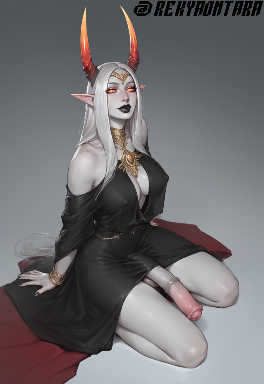 ai_generated black_dress dress elf elf_ears elf_futanari flaccid flaccid_cock flaccid_penis futa_only futanari glowing_eyes horsecock horsecock_futanari jewelry lord_of_the_rings on_knees pale_skin pointy_ears red_eyes red_horns rekya_ontara sauron_(lotr) see-through see-through_clothing see_through white_body white_hair