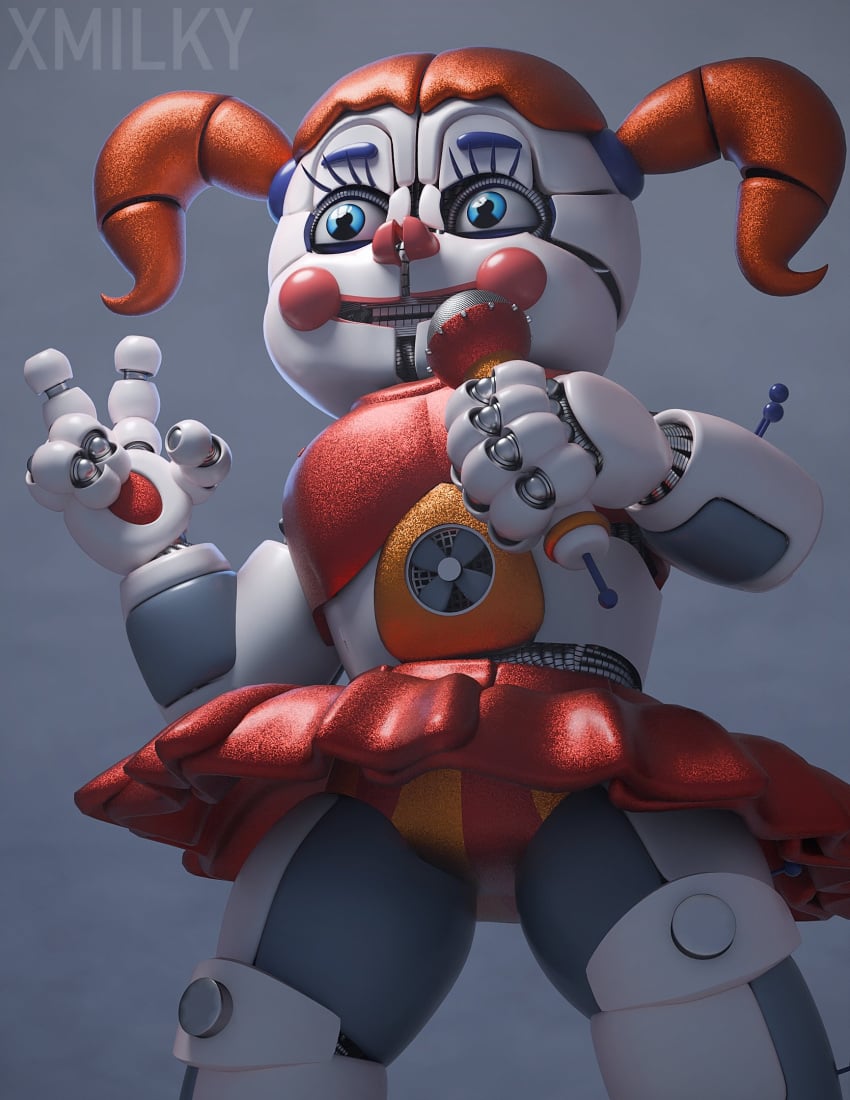 3d animatronic blue_eyes circus_baby_(fnaf) female female_only five_nights_at_freddy's five_nights_at_freddy's:_sister_location microphone orange_hair panties red_skirt robot robot_girl robot_humanoid skirt striped_panties thighs twintails white_body x3milky