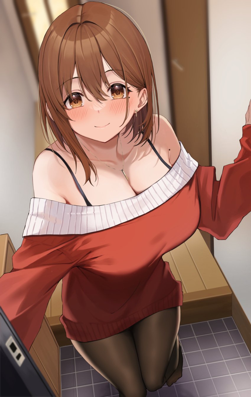 1girls absurd_res bare_shoulders big_breasts black_pantyhose blurry blurry_background blush breasts brown_eyes brown_hair christmas cleavage closed_mouth depth_of_field doorway earrings hair_between_eyes hi_res jewelry long_sleeves looking_at_viewer mole mole_on_armpit mole_under_eye necklace off-shoulder_sweater off_shoulder ol-chan_(udon) open_door original pantyhose red_sweater short_hair smile solo standing sweater tareme tile_floor tiles udon_(udonalium) wooden_floor