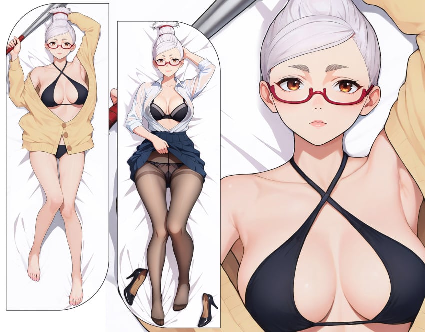 ayase_seiko black_bra breasts brown_eyes dakimakura dandadan female grey_hair high_heels shirt solo sweater underwear