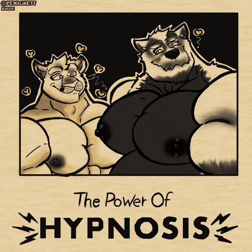 absurd_res anthro anthro_on_anthro badger belly biceps big_pecs blush breast_size_difference breasts brown_body brown_fur duo echo_(series) echo_project felid fur hair half-length_portrait heart_symbol hi_res hypnosis male male/male mammal meme mind_control muscular muscular_male mustelid musteline nikolai_krol nipples overweight panthera pantherine pecs pecs_focus portrait red_eyes samuel_ayers santiagomt shirtless_male simple_background smile standing staring_at_chest sweetheart the_smoke_room white_body white_fur