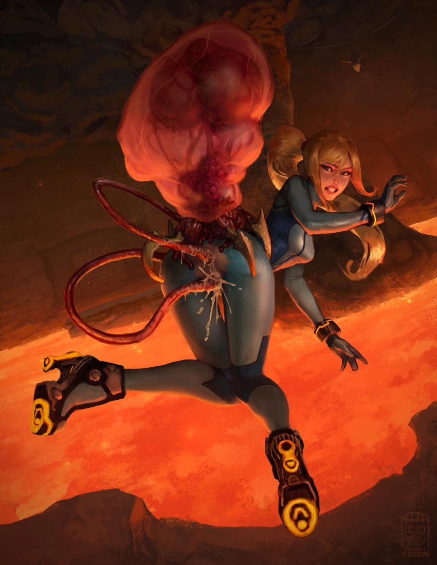 1girls cum cum_in_ass cum_in_pussy double_penetration erodun female hunter_metroid impregnation interspecies interspecies_impregnation metroid metroid_prime monster monster_on_female rape samus_aran suspended_in_midair tentacle tentacle_rape zero_suit_samus