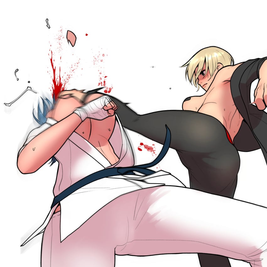 2girls attack blonde_hair blood blue_hair breasts catfight female female_focus female_only fighting_ring highres himoneko hitting karate_gi kick kicking kicking_face large_breasts multiple_girls original pasties ryona