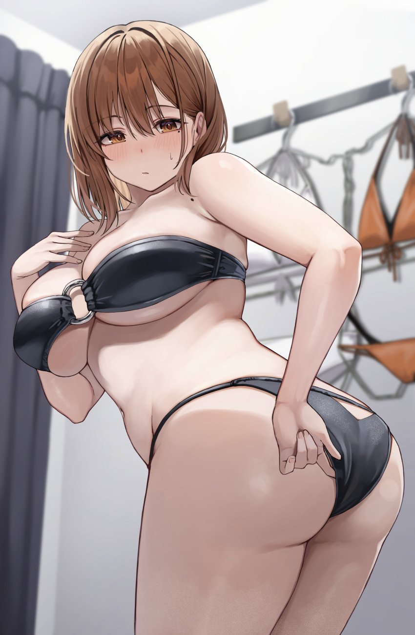 1girls absurd_res ass big_breasts bikini black_bikini blush breasts brown_hair changing_room closed_mouth clothes_hanger from_behind front-tie_bikini_top front-tie_top hi_res indoors looking_back medium_hair mole mole_on_shoulder mole_under_eye ol-chan_(udon) orange_bikini original solo swimsuit thighs udon_(udonalium) underboob white_bikini